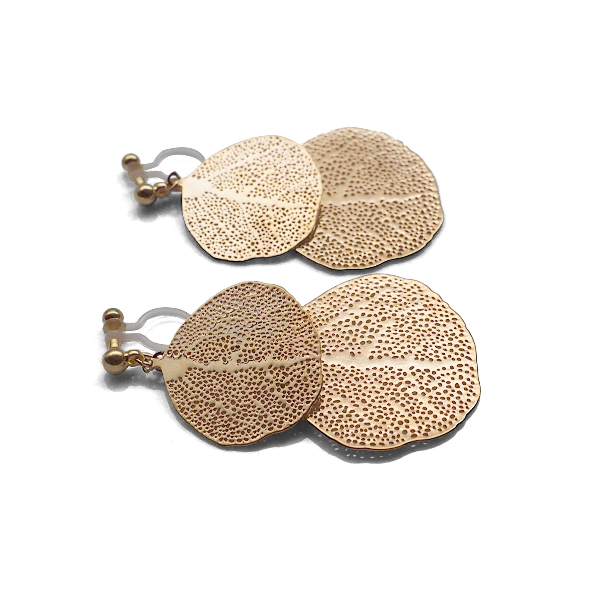 Gold two leaf filigree invisible clip on earrings - miyabigracejewelry.com