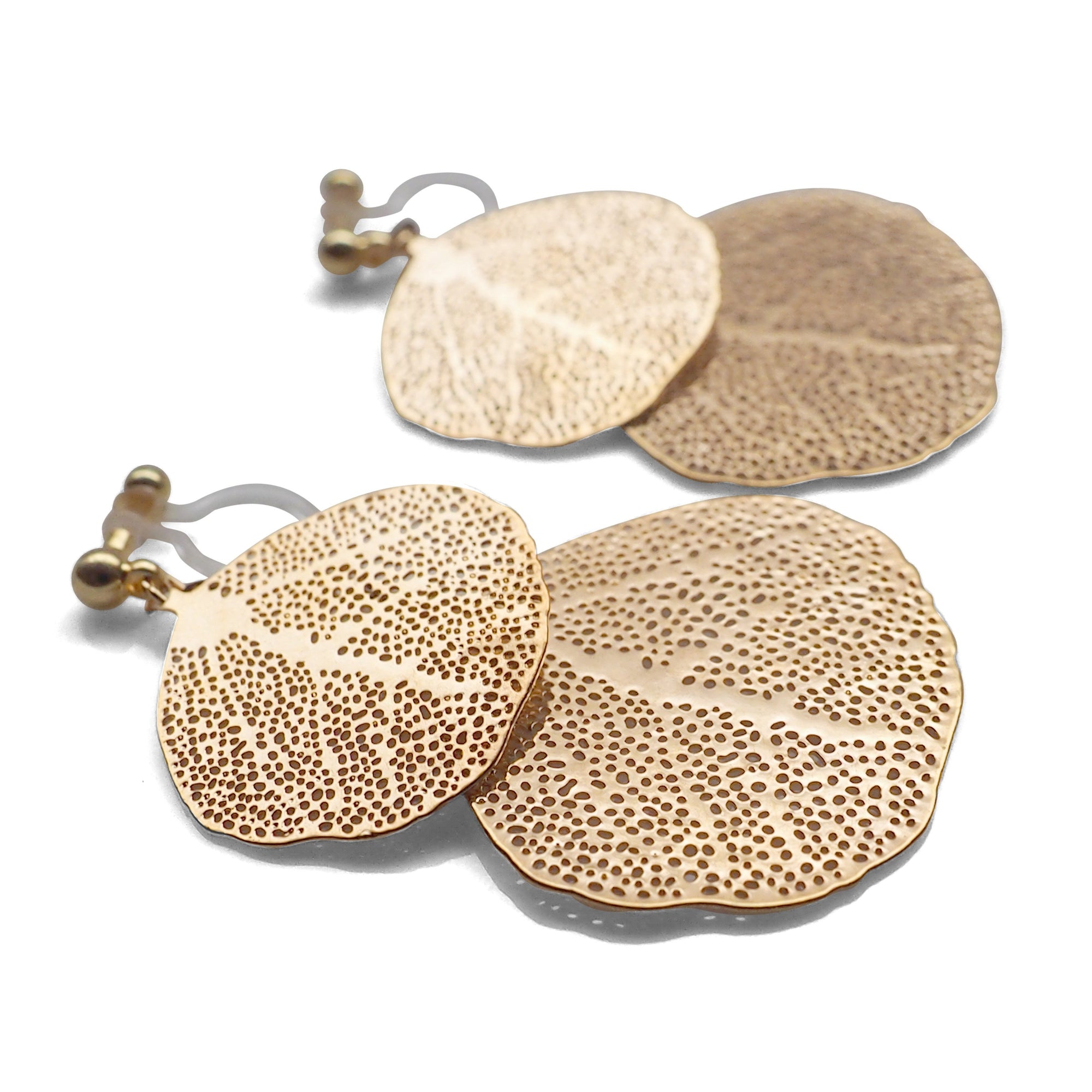 Gold two leaf filigree invisible clip on earrings - miyabigracejewelry.com