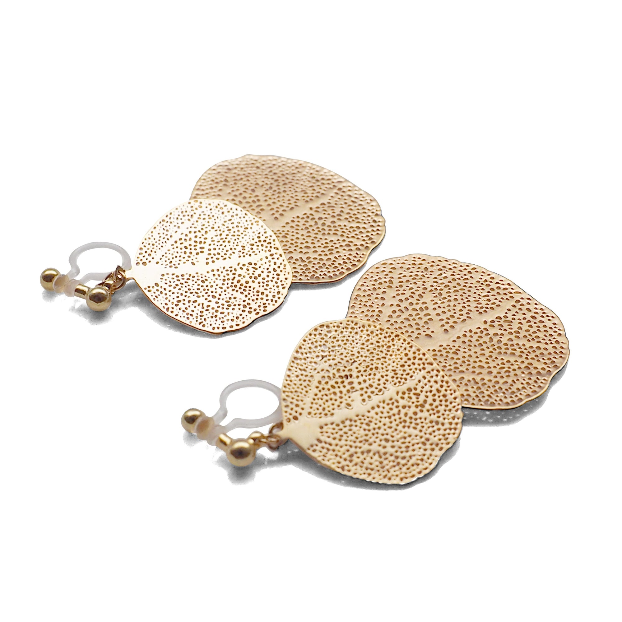 Gold two leaf filigree invisible clip on earrings - miyabigracejewelry.com