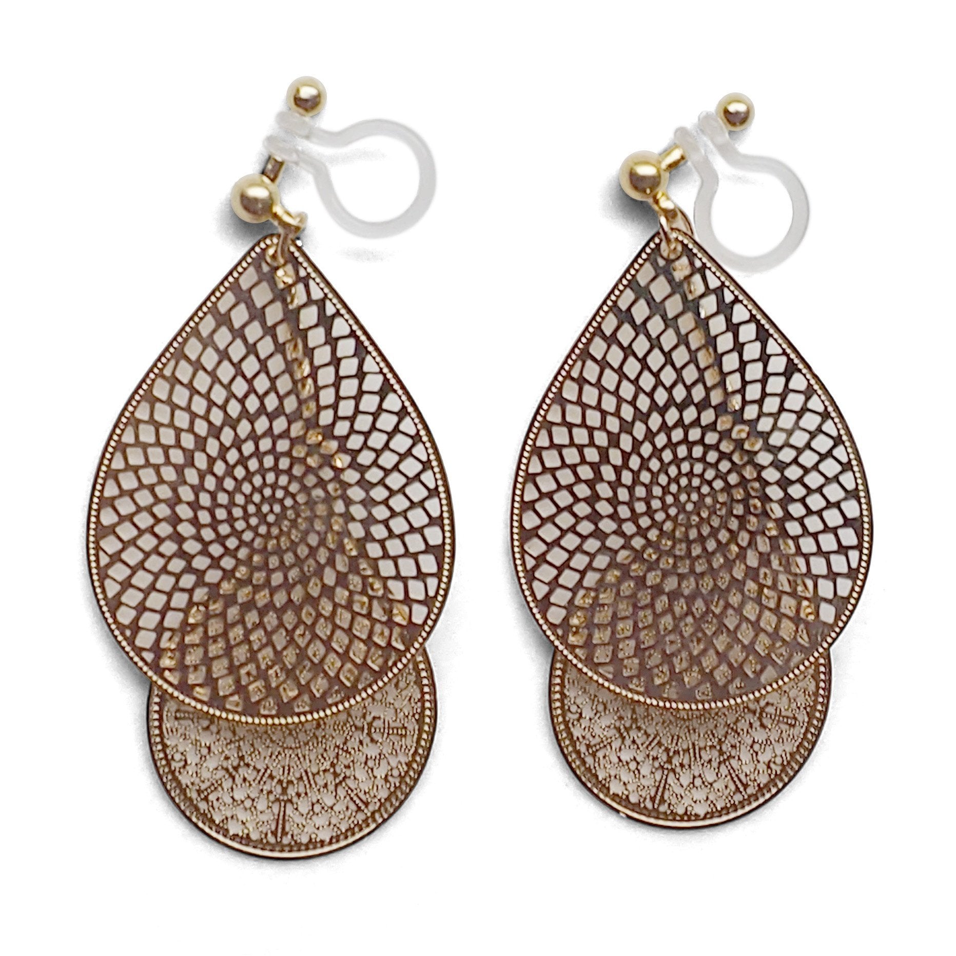 Dangle gold teardrop filigree invisible clip on earrings - miyabigracejewelry.com