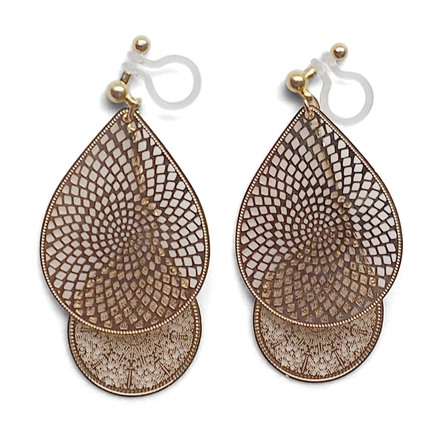 Dangle gold teardrop filigree invisible clip on earrings - miyabigracejewelry.com