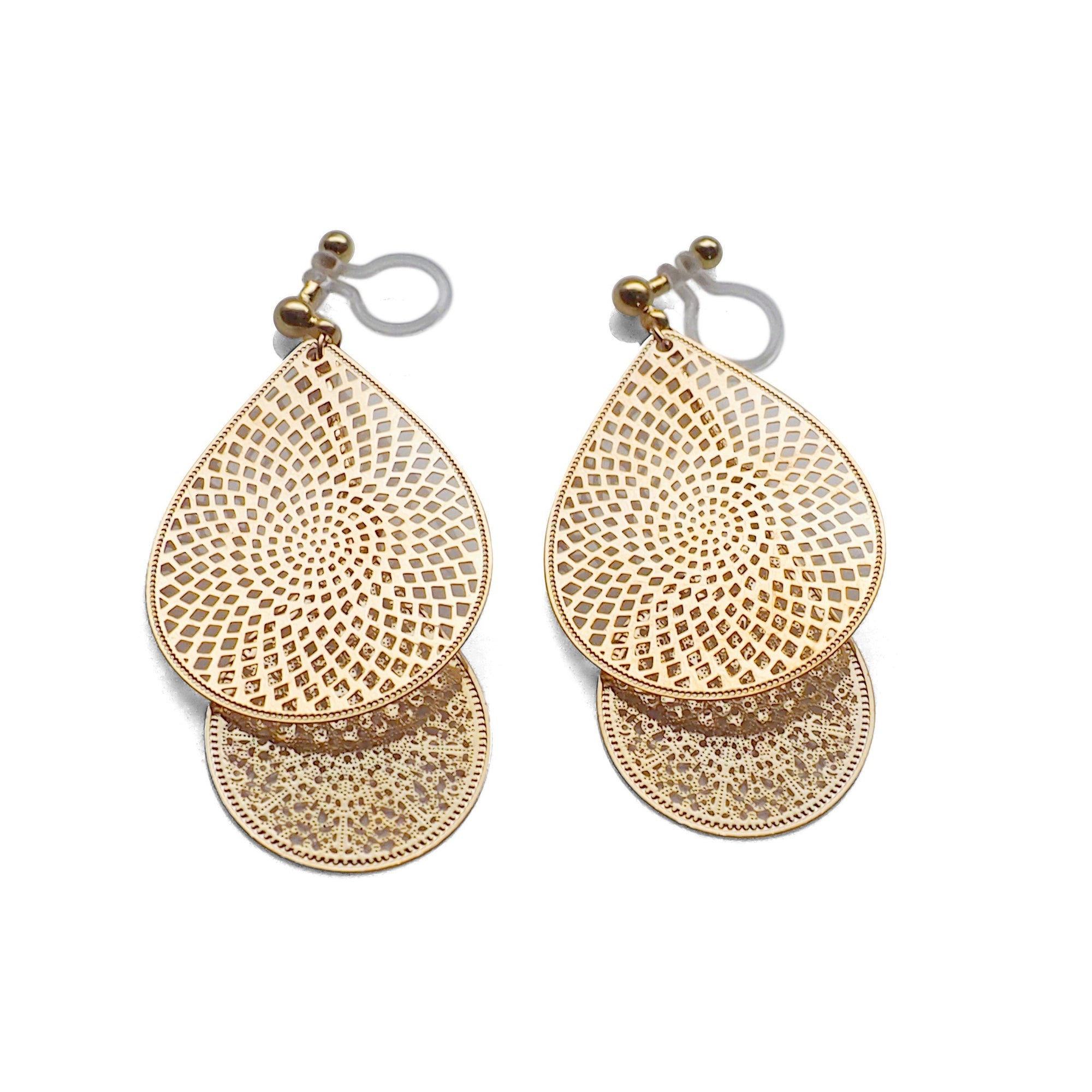 Dangle gold teardrop filigree invisible clip on earrings - miyabigracejewelry.com