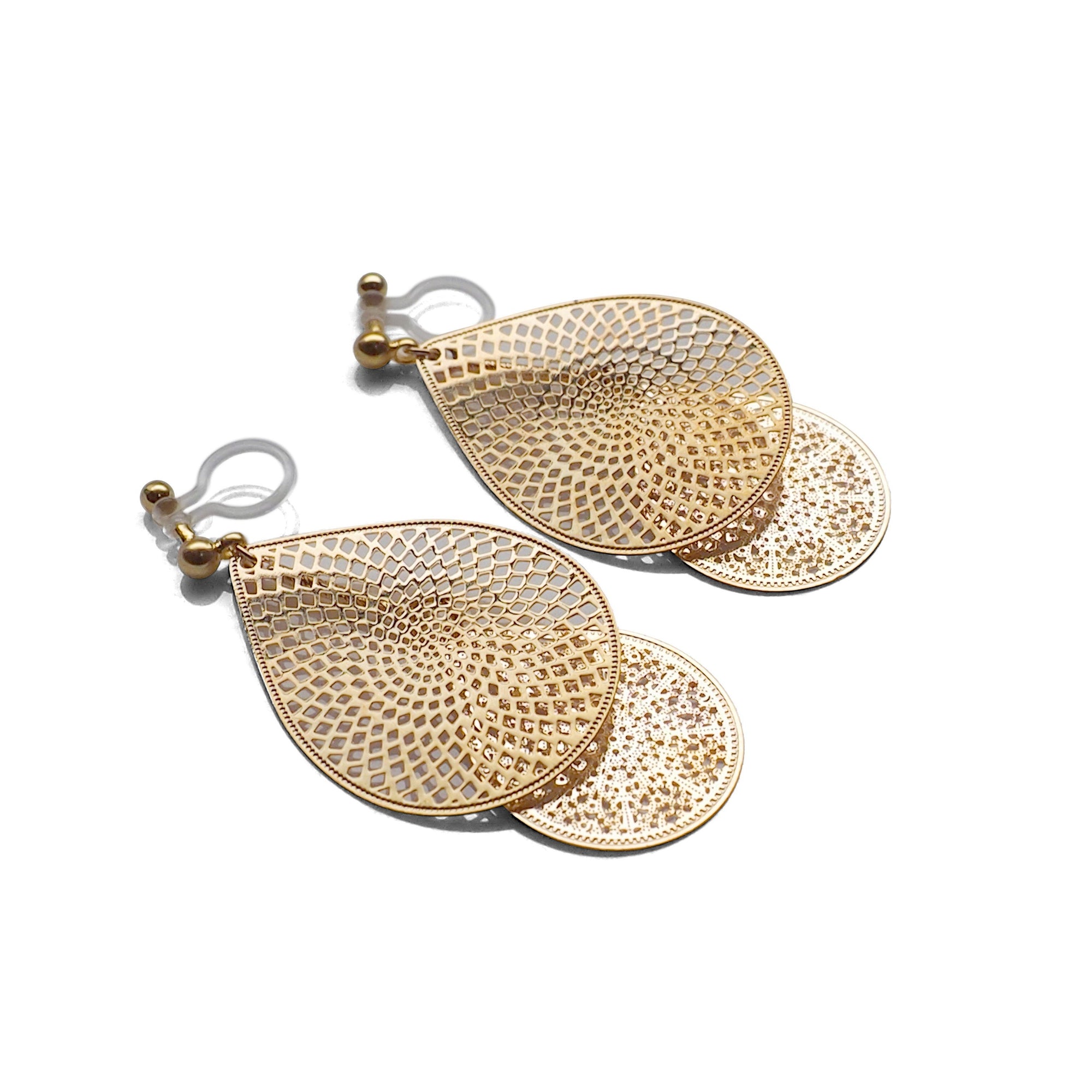 Dangle gold teardrop filigree invisible clip on earrings - miyabigracejewelry.com