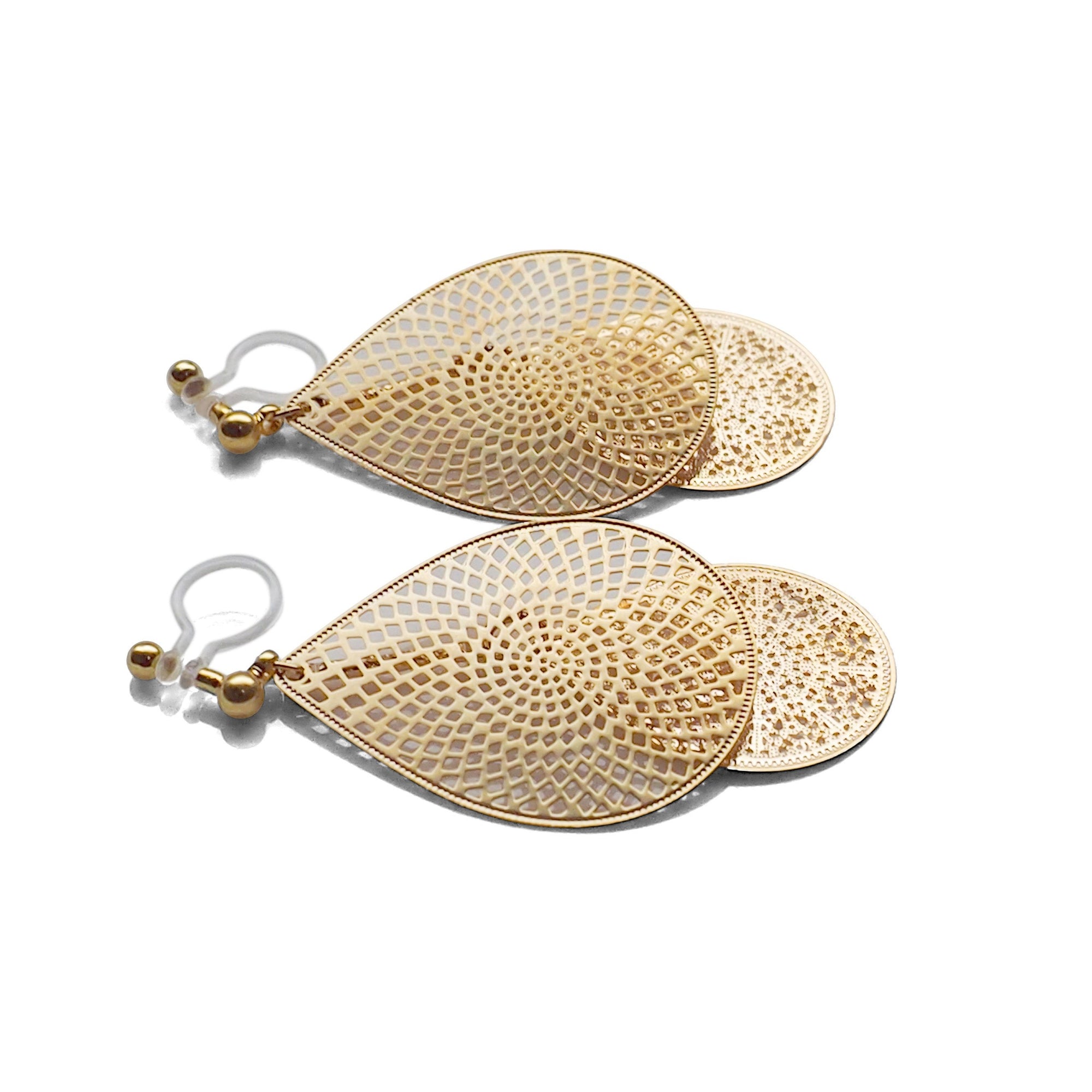 Dangle gold teardrop filigree invisible clip on earrings - miyabigracejewelry.com