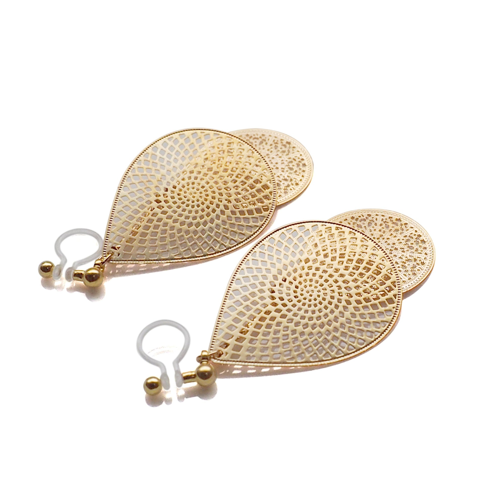 Dangle gold teardrop filigree invisible clip on earrings - miyabigracejewelry.com