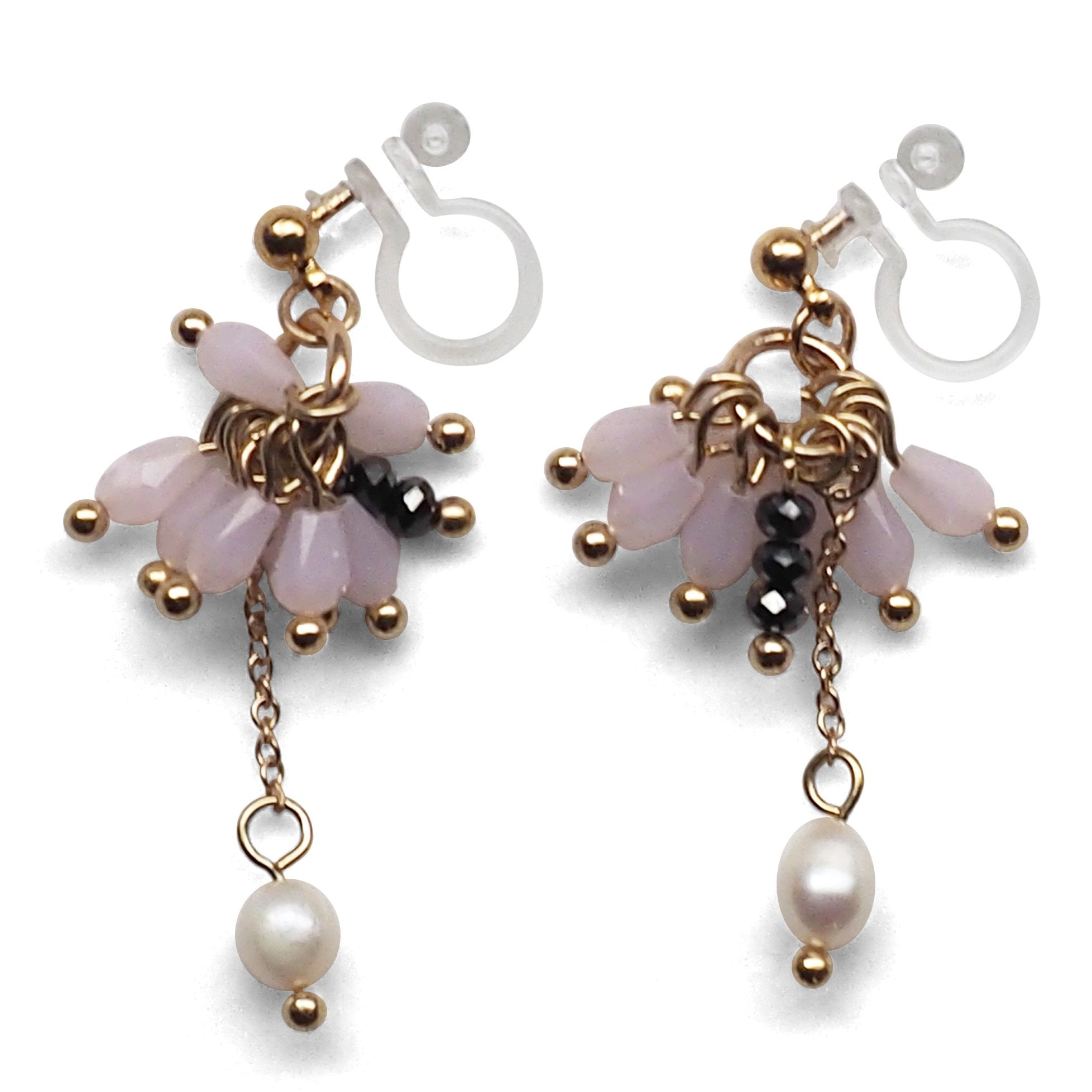 Pink beads and freshwater pearl invisible clip on earrings - miyabigracejewelry.com