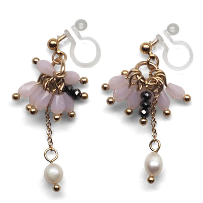 Pink beads and freshwater pearl invisible clip on earrings - miyabigracejewelry.com