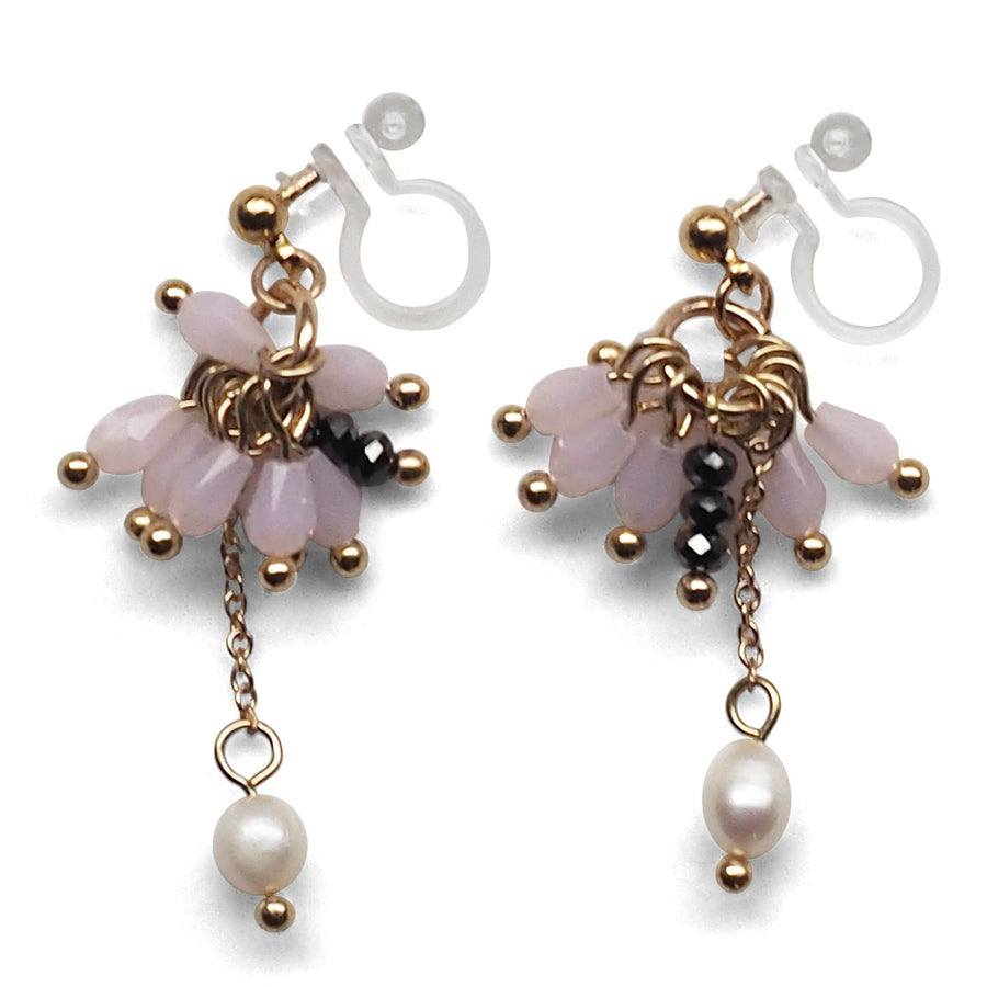 Pink beads and freshwater pearl invisible clip on earrings - miyabigracejewelry.com