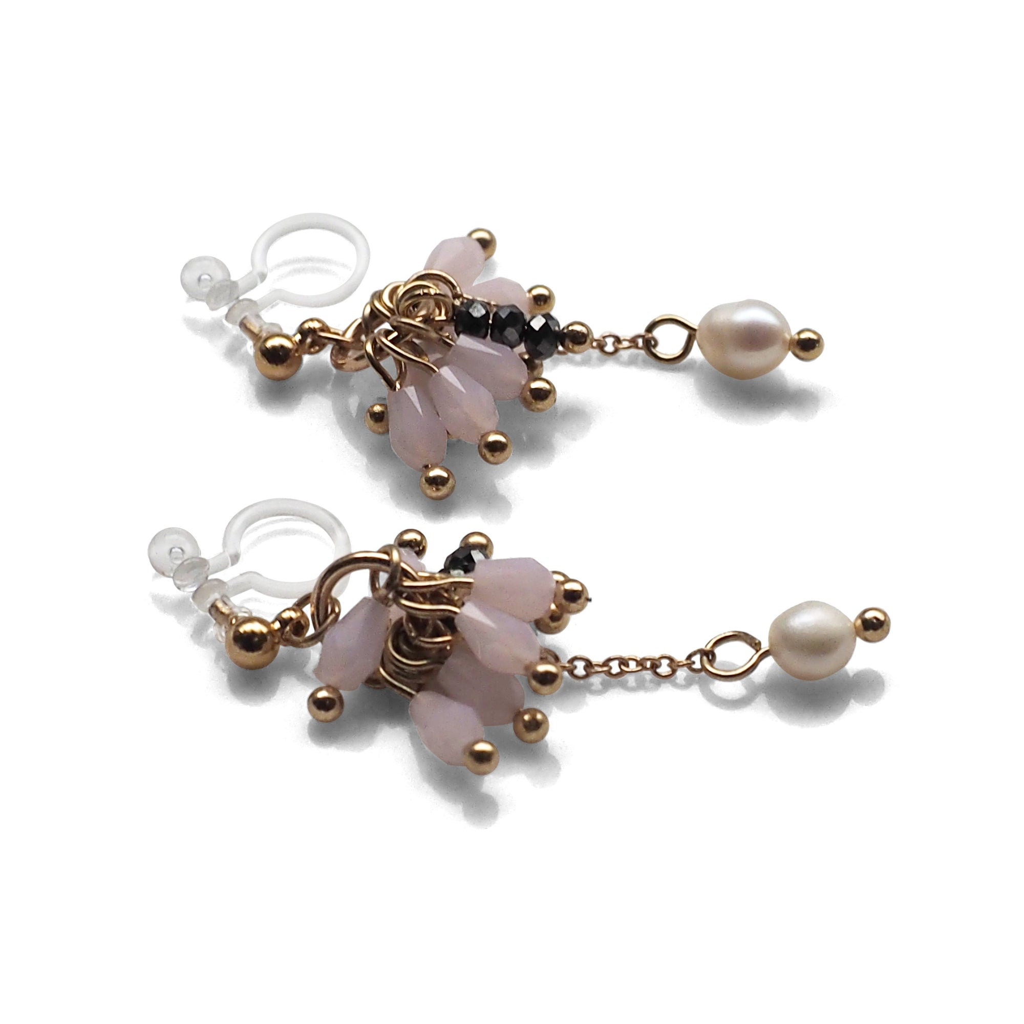 Pink beads and freshwater pearl invisible clip on earrings - miyabigracejewelry.com