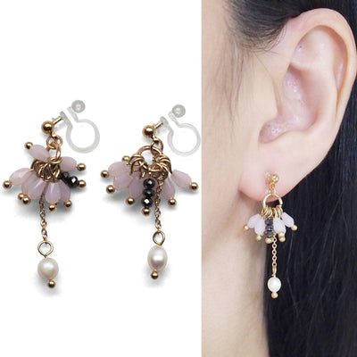 Pink beads and freshwater pearl invisible clip on earrings - miyabigracejewelry.com