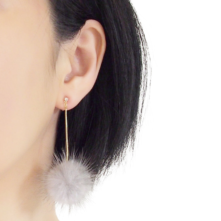 Gray Mink Fur Pom Pom Invisible Clip On Earrings - Miyabi Grace