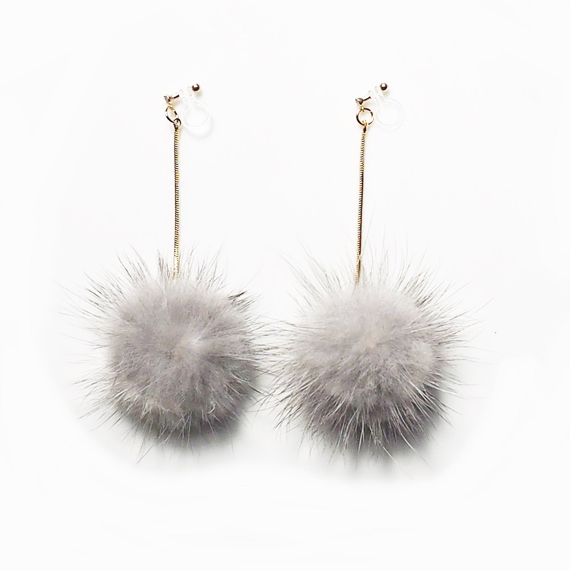Gray Mink Fur Pom Pom Invisible Clip On Earrings - Miyabi Grace