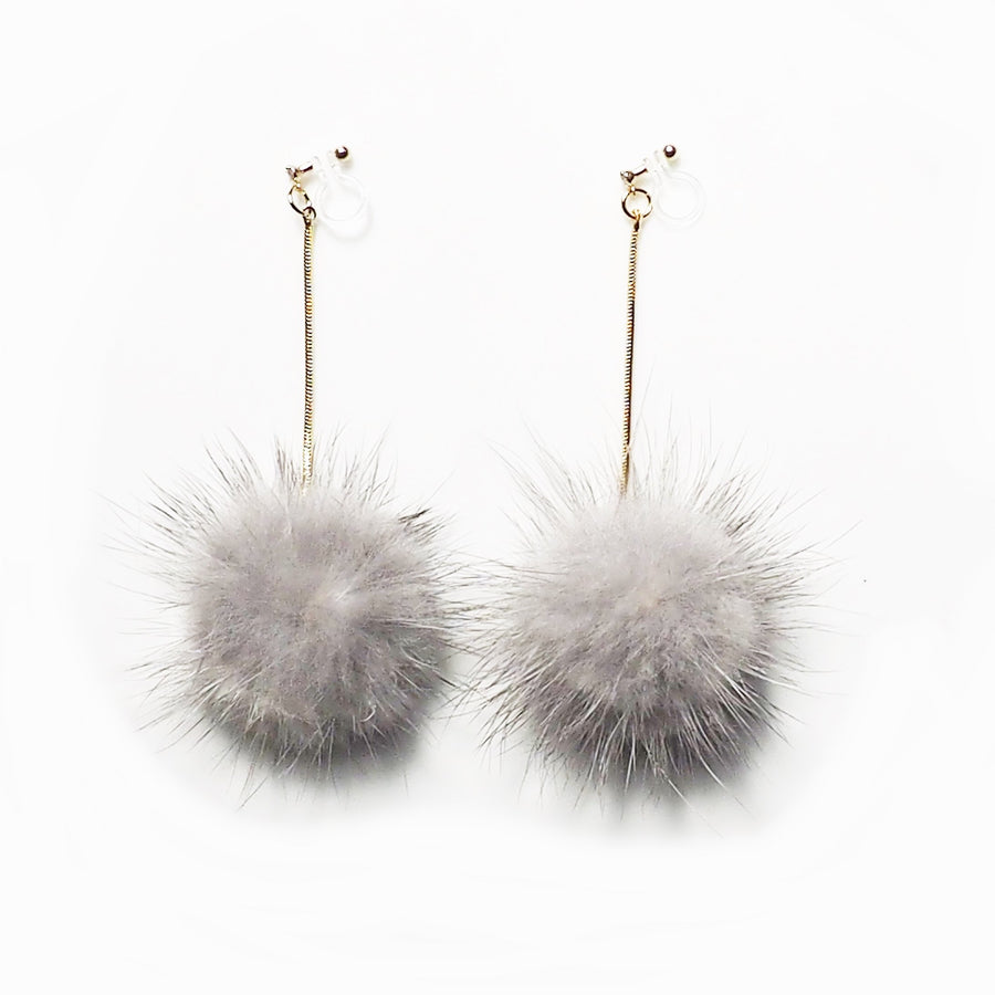 Gray Mink Fur Pom Pom Invisible Clip On Earrings - Miyabi Grace