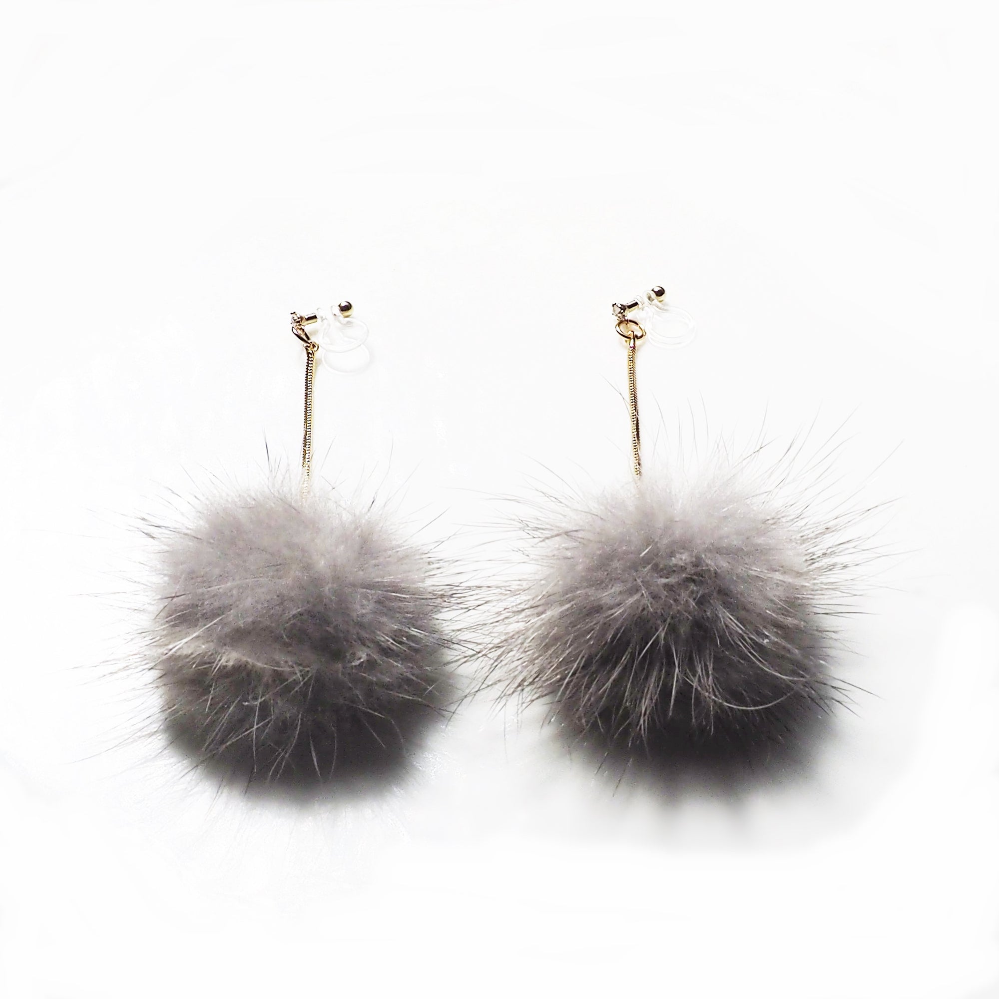 Gray Mink Fur Pom Pom Invisible Clip On Earrings - Miyabi Grace