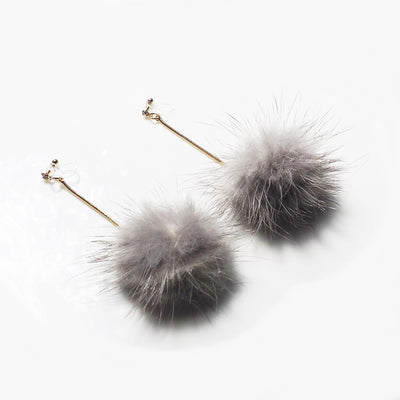 Gray Mink Fur Pom Pom Invisible Clip On Earrings - Miyabi Grace