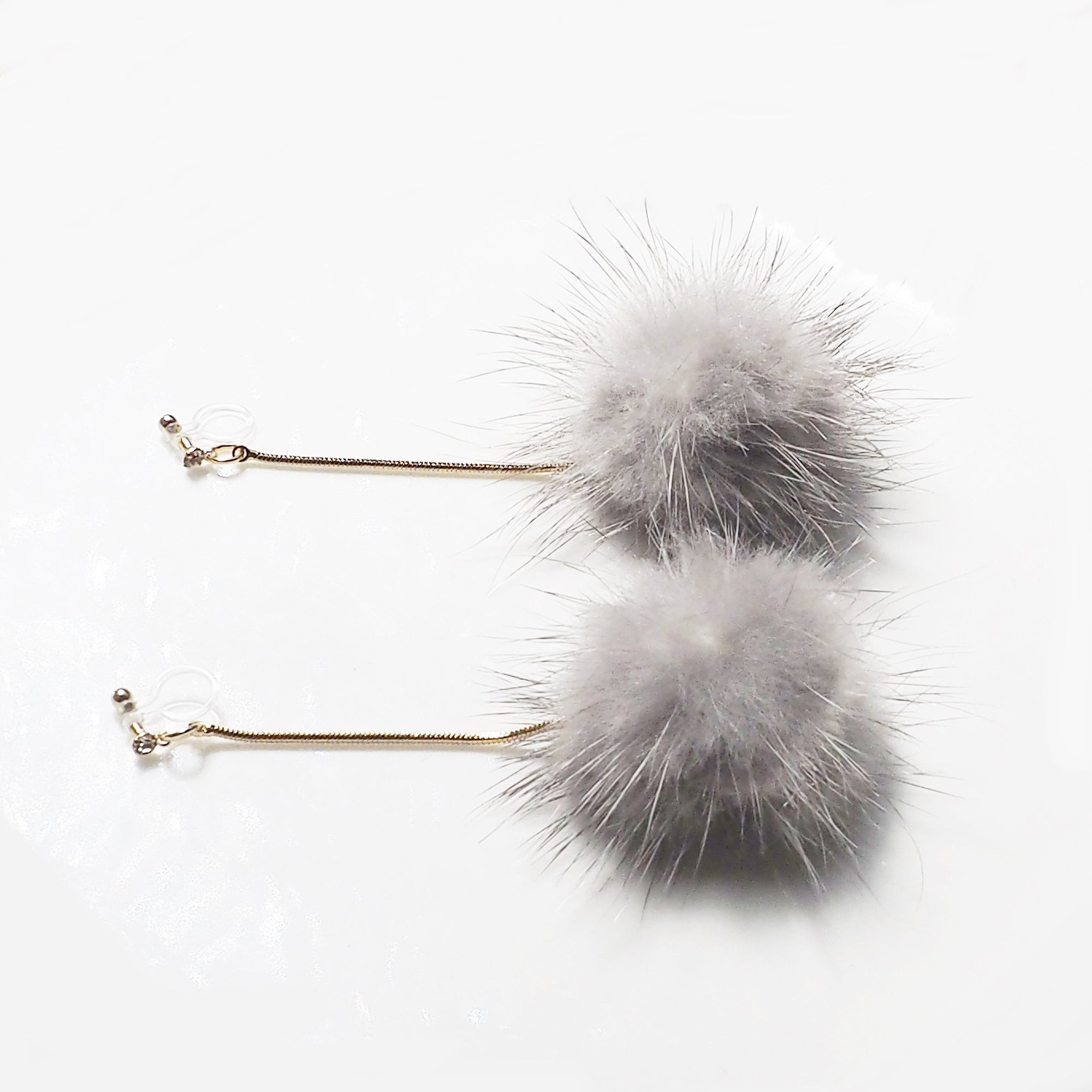 Gray Mink Fur Pom Pom Invisible Clip On Earrings - Miyabi Grace