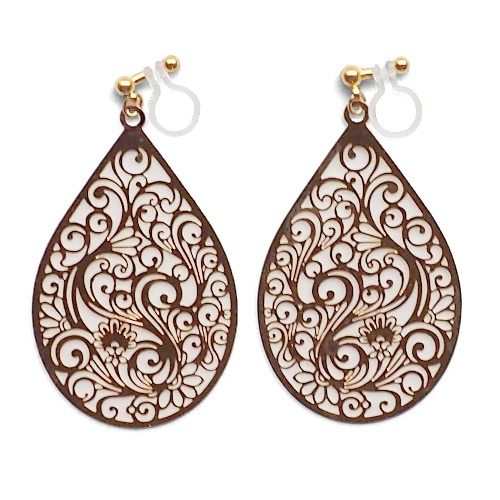 Large gold teardrop Victorian filigree invisible clip on earrings - miyabigracejewelry.com