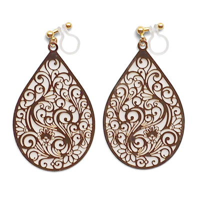 Large gold teardrop Victorian filigree invisible clip on earrings - miyabigracejewelry.com