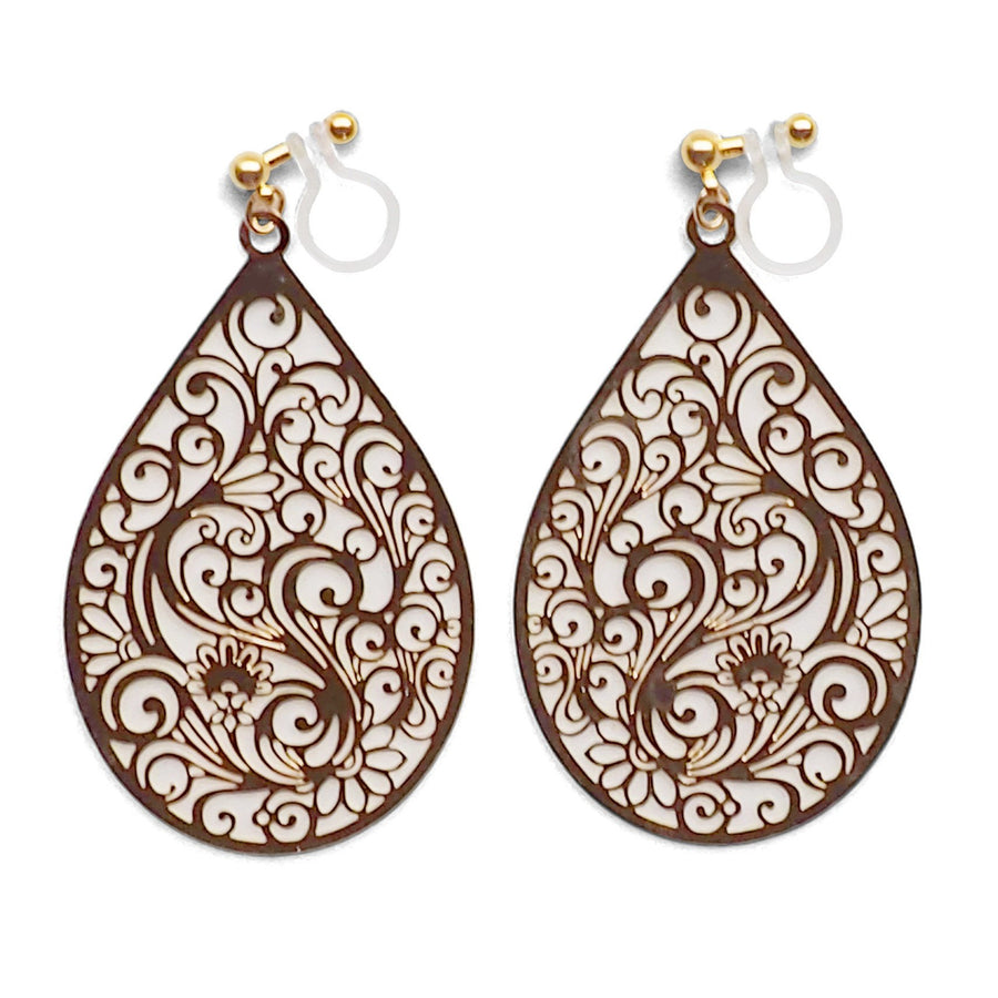 Large gold teardrop Victorian filigree invisible clip on earrings - miyabigracejewelry.com