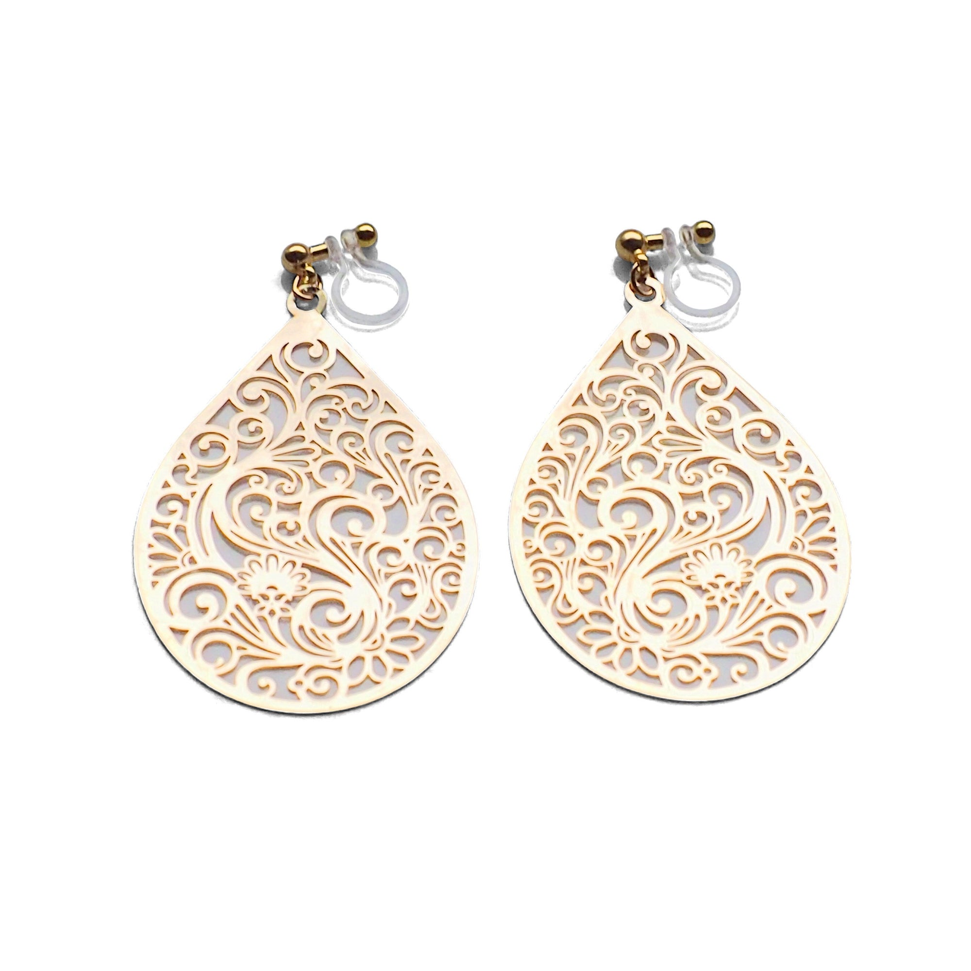 Large gold teardrop Victorian filigree invisible clip on earrings - miyabigracejewelry.com