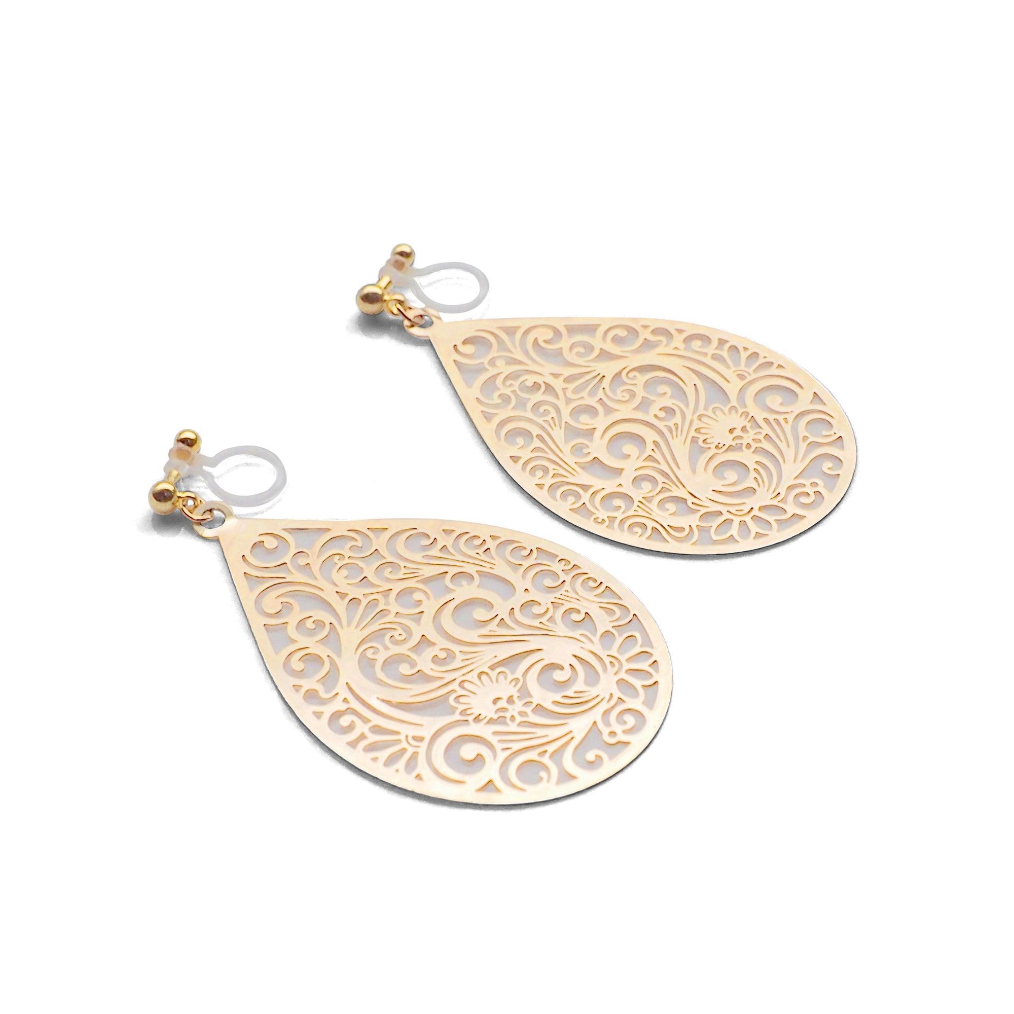 Large gold teardrop Victorian filigree invisible clip on earrings - miyabigracejewelry.com
