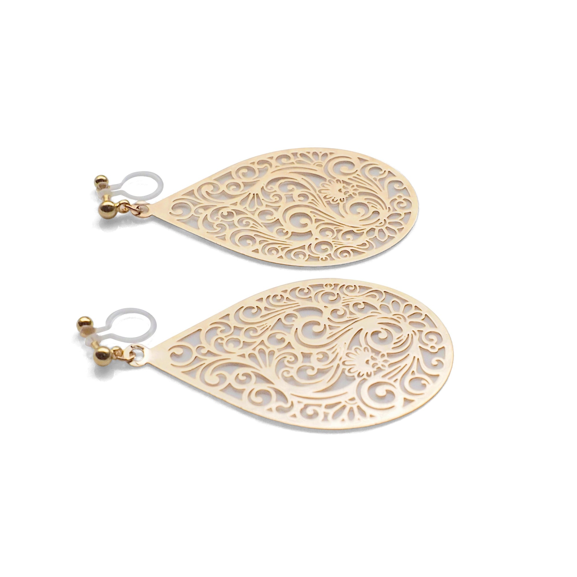 Large gold teardrop Victorian filigree invisible clip on earrings - miyabigracejewelry.com