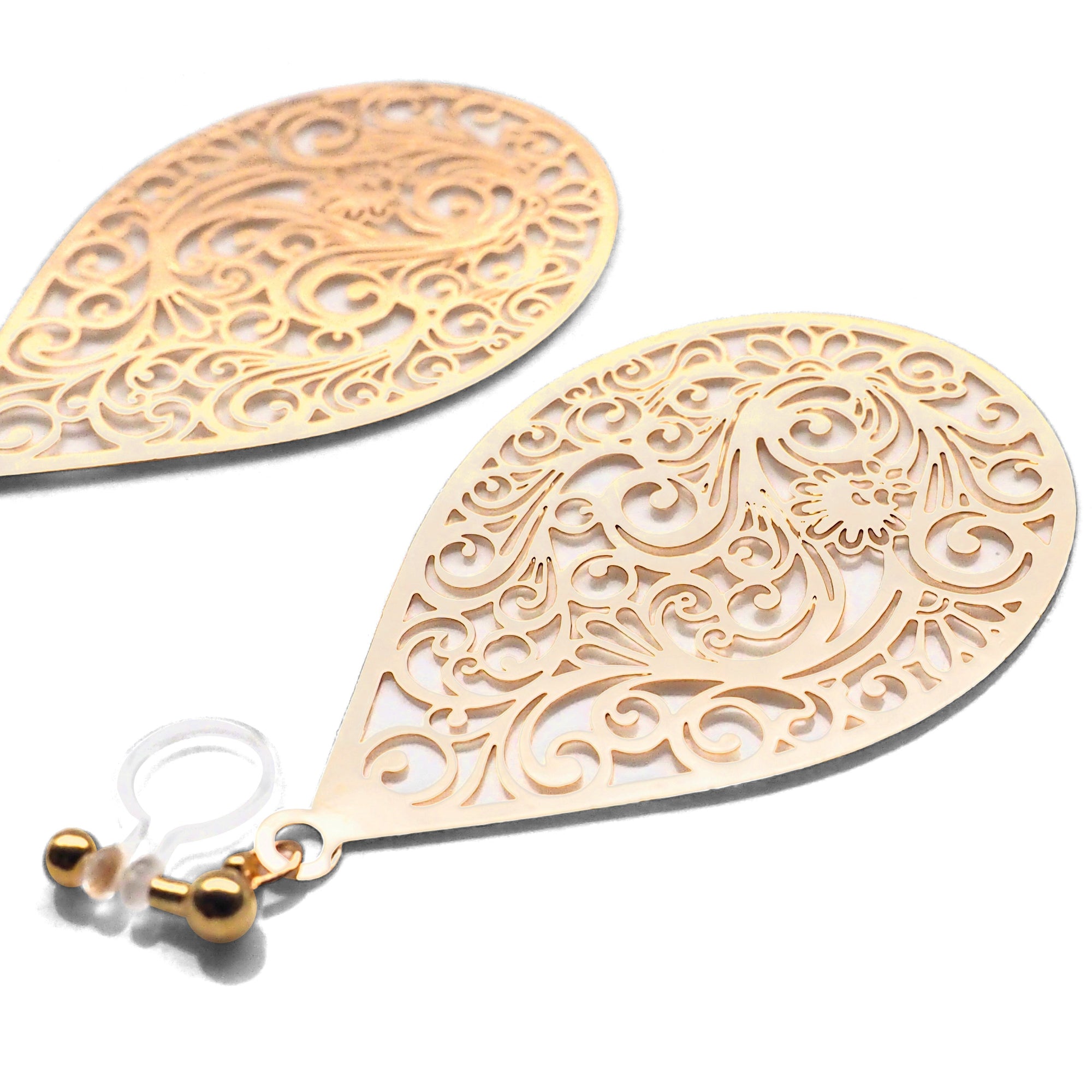 Large gold teardrop Victorian filigree invisible clip on earrings - miyabigracejewelry.com