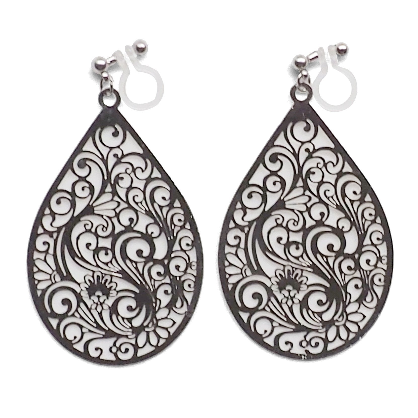 Large silver teardrop Victorian filigree invisible clip on earrings - miyabigracejewelry.com