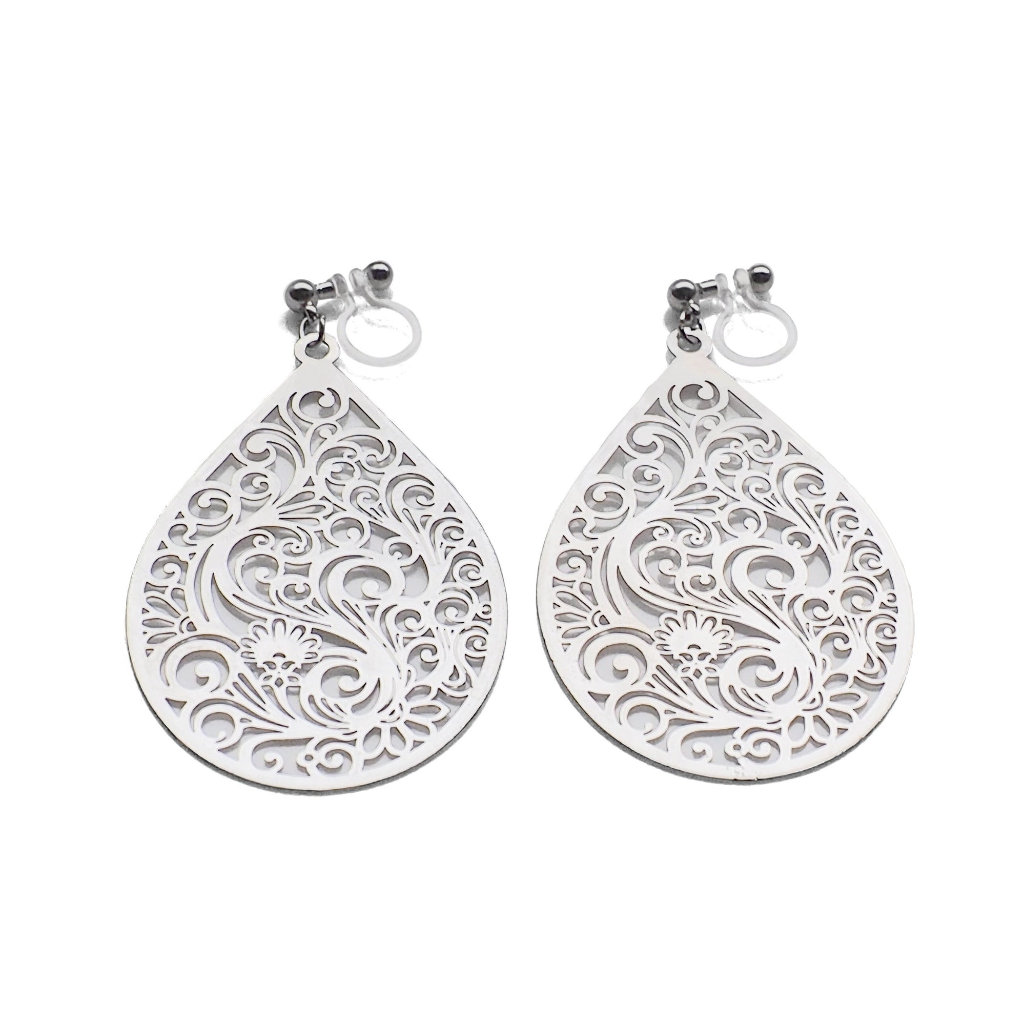 Large silver teardrop Victorian filigree invisible clip on earrings - miyabigracejewelry.com