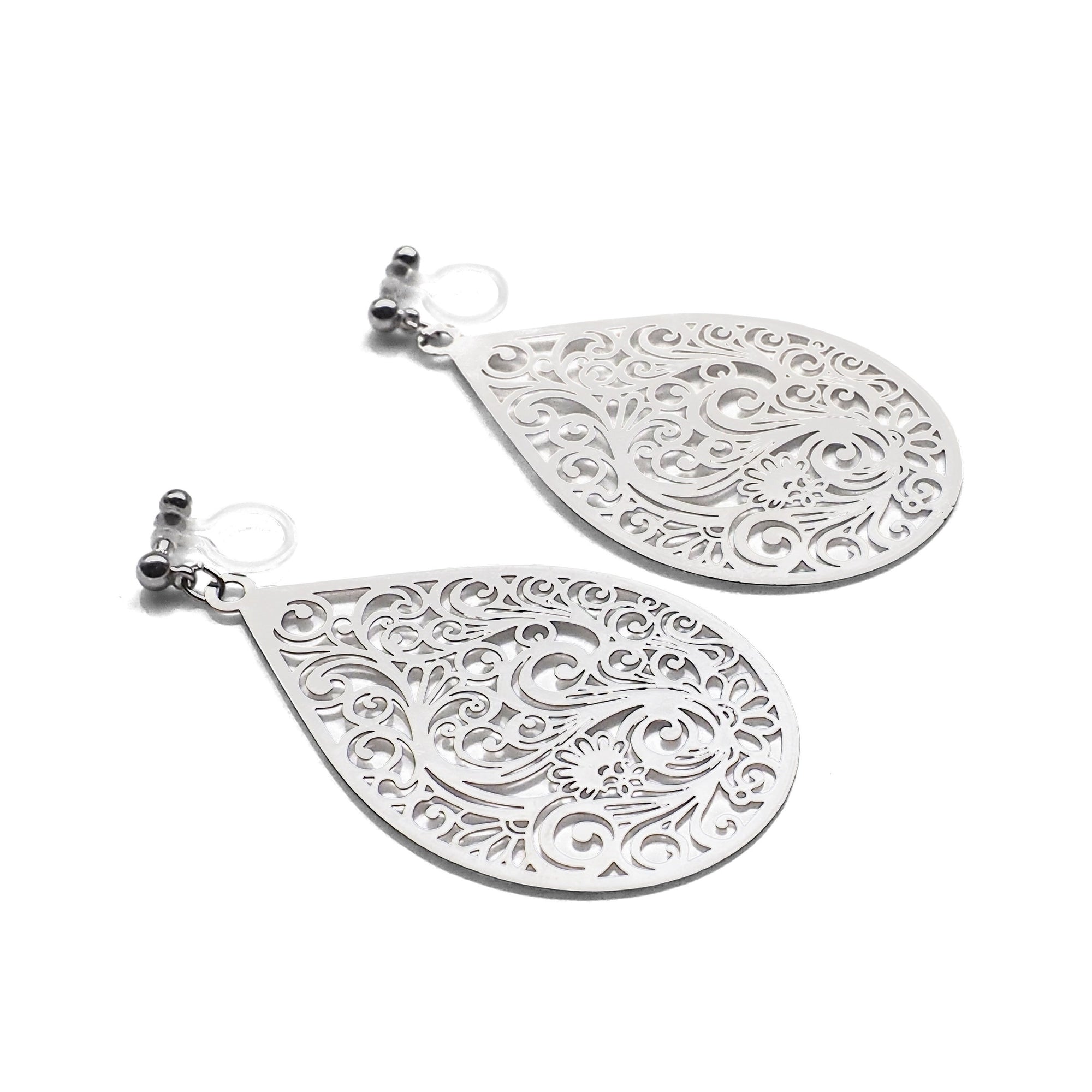 Large silver teardrop Victorian filigree invisible clip on earrings - miyabigracejewelry.com