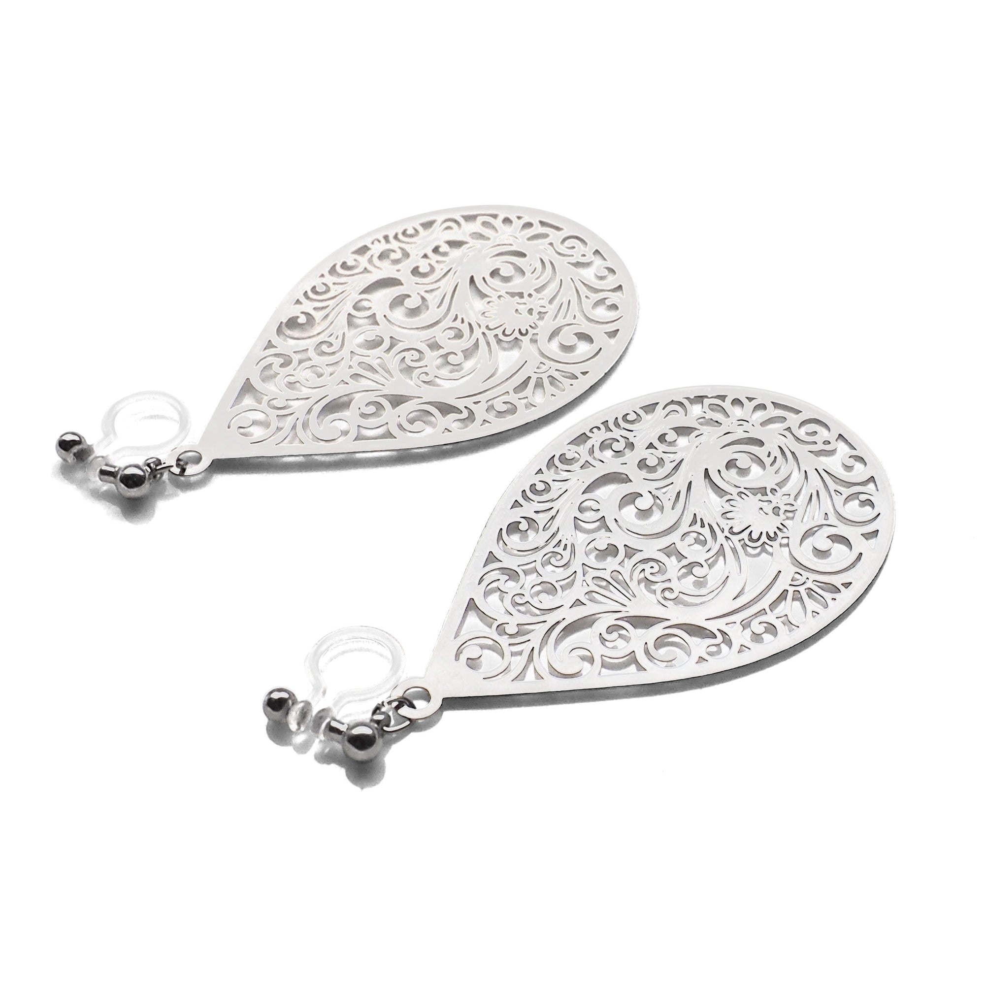 Large silver teardrop Victorian filigree invisible clip on earrings - miyabigracejewelry.com