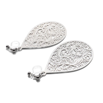 Large silver teardrop Victorian filigree invisible clip on earrings - miyabigracejewelry.com