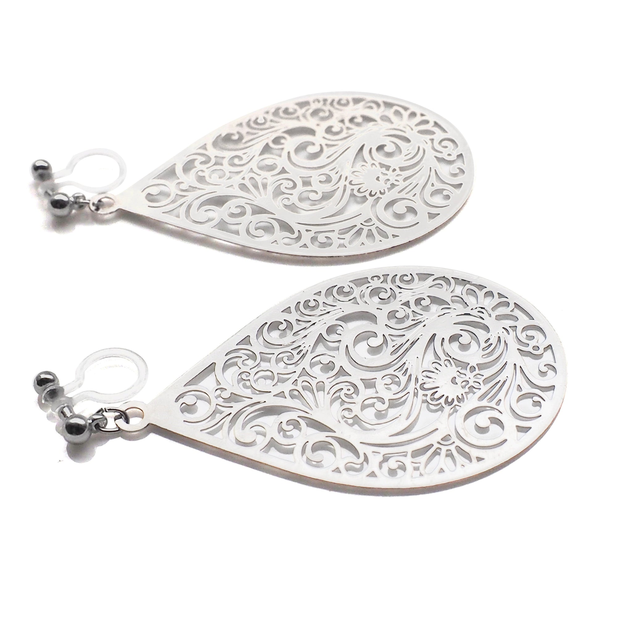 Large silver teardrop Victorian filigree invisible clip on earrings - miyabigracejewelry.com