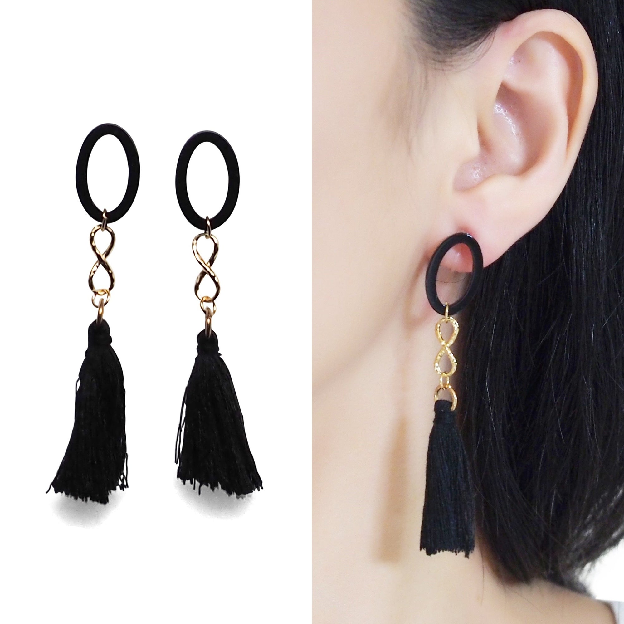 Black hoop with black tassel invisible clip on earrings - Miyabi Grace