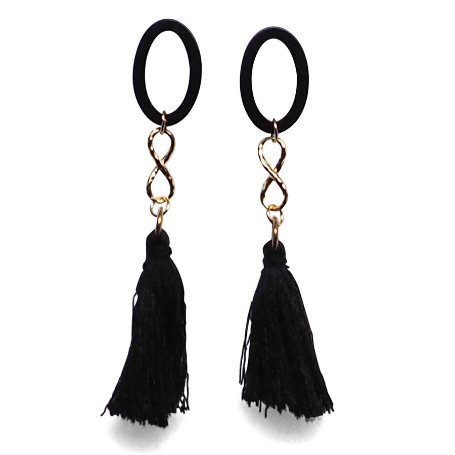 Black hoop with black tassel invisible clip on earrings - Miyabi Grace