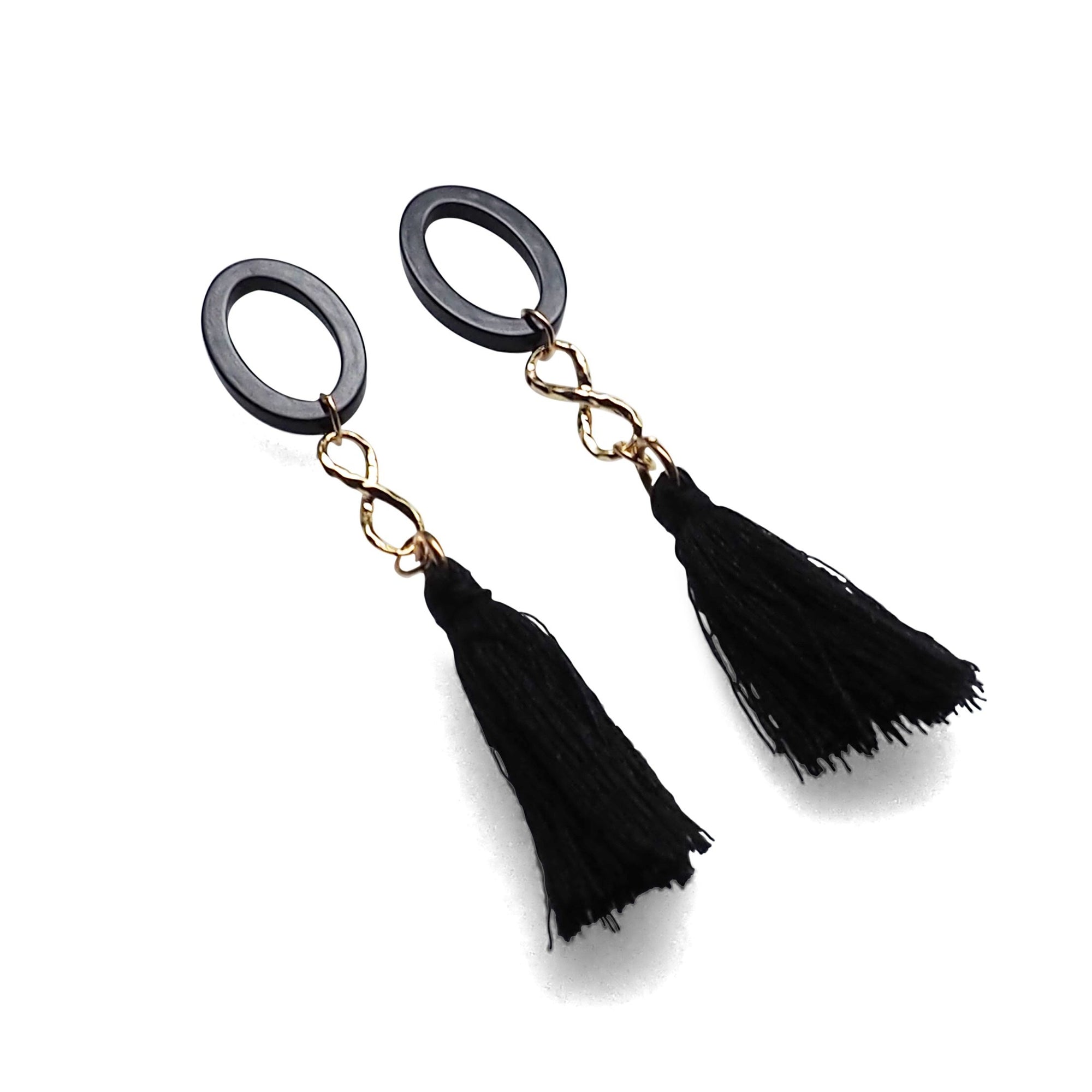 Black hoop with black tassel invisible clip on earrings - Miyabi Grace