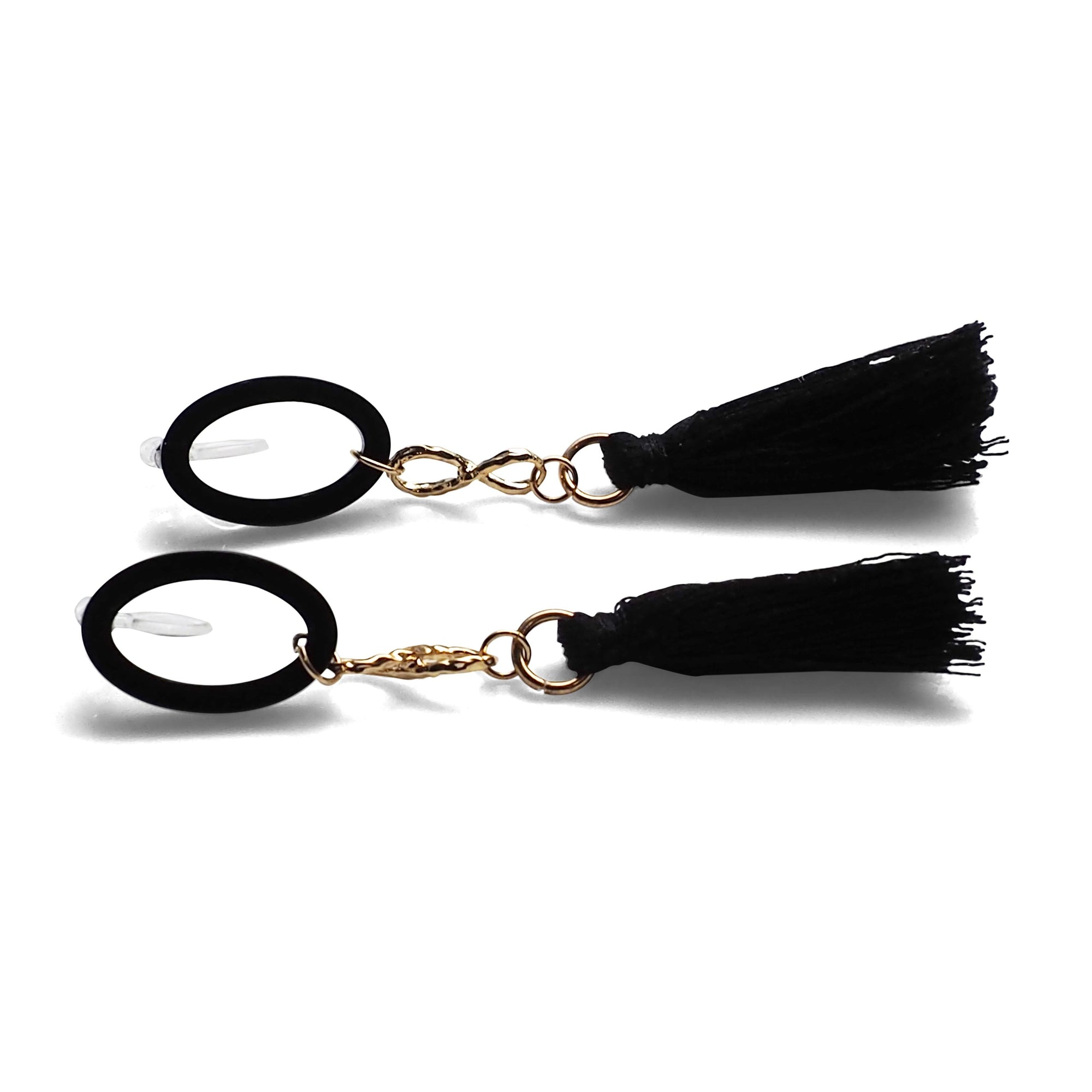 Black hoop with black tassel invisible clip on earrings - Miyabi Grace
