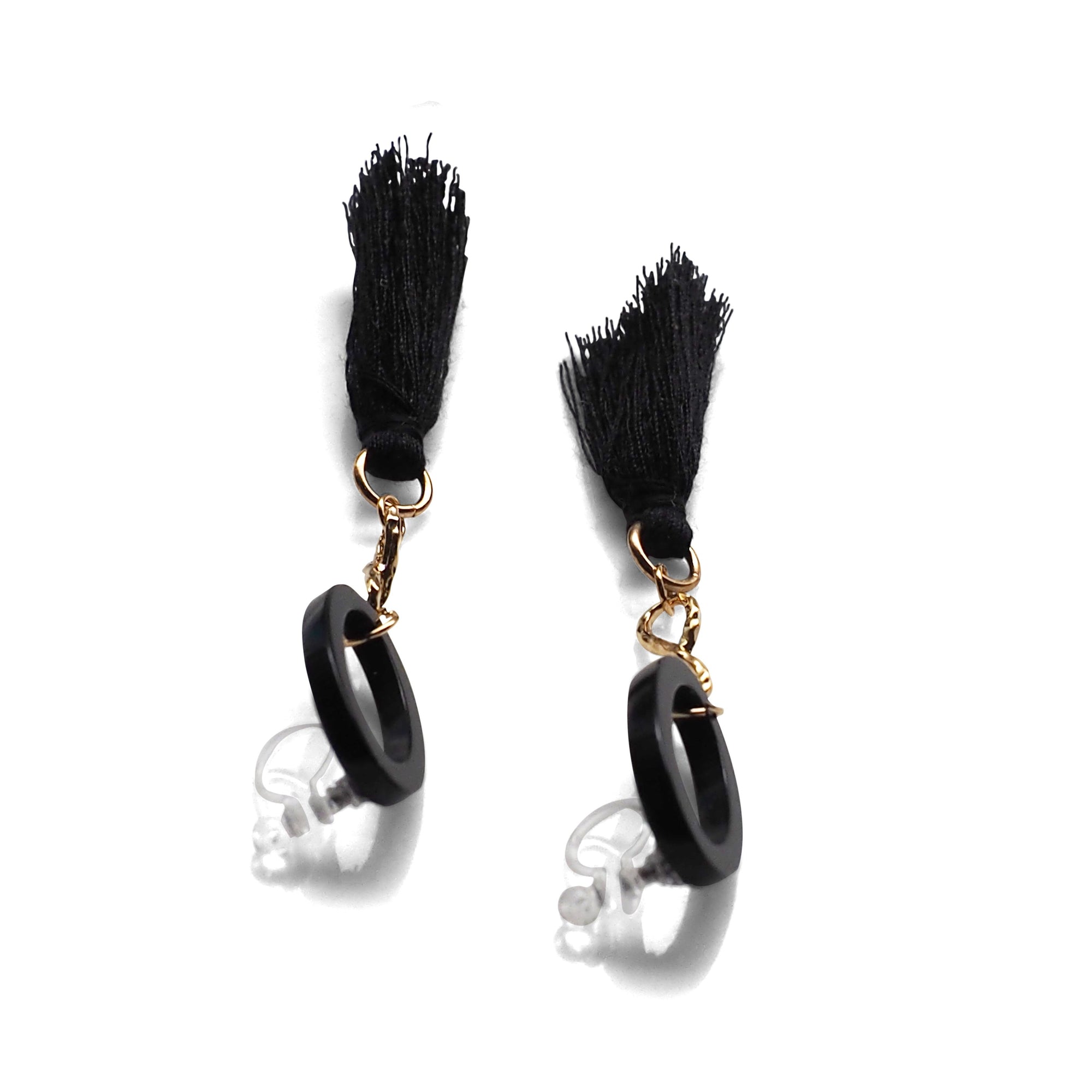 Black hoop with black tassel invisible clip on earrings - Miyabi Grace