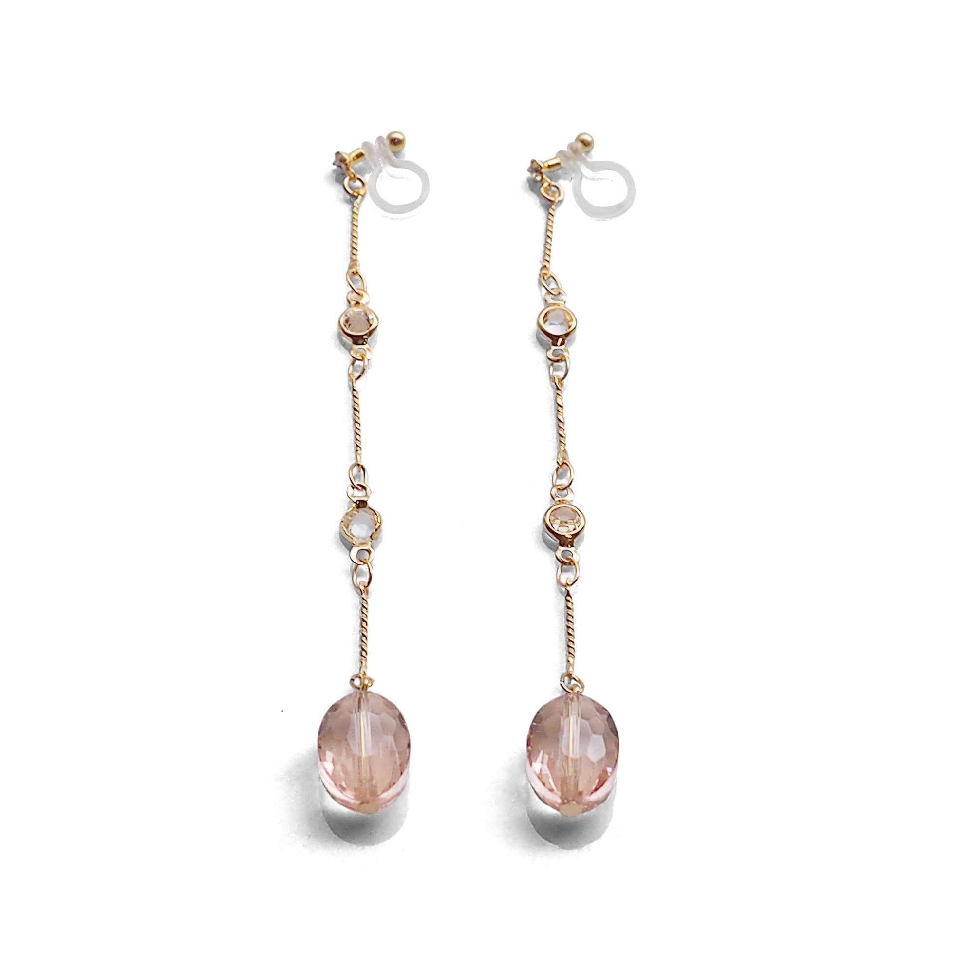 Dangle light pink drop invisible clip on earrings - miyabigracejewelry.com