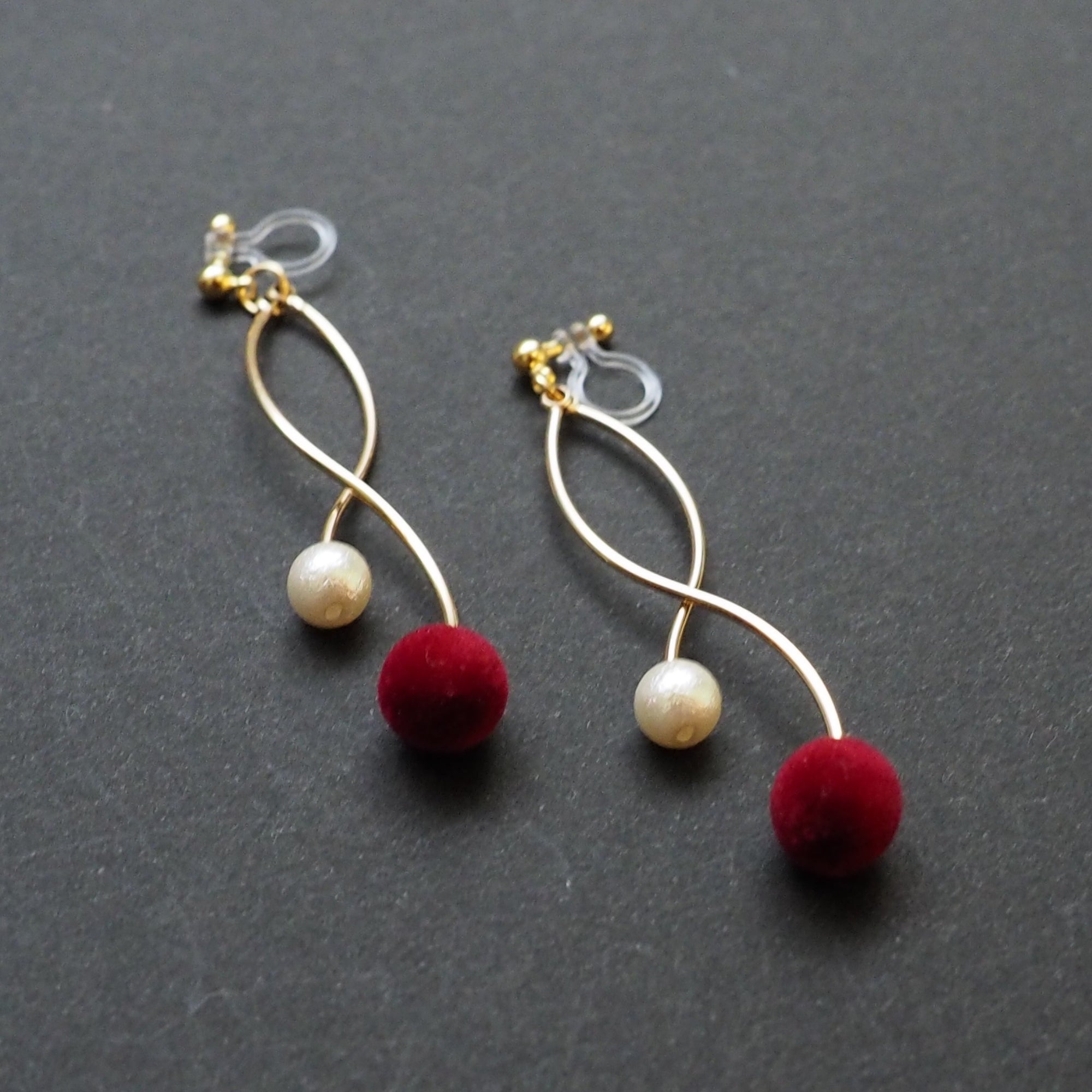 Burgundy velvet balls and white pearl invisible clip on earrings - miyabigracejewelry.com