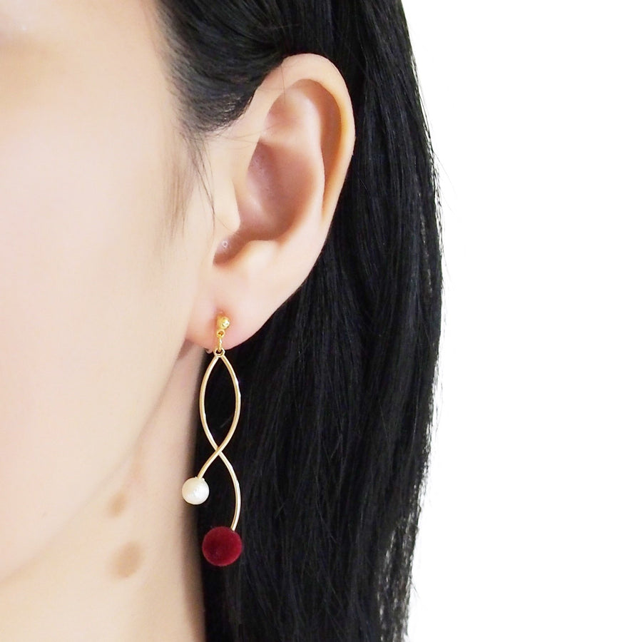 Burgundy velvet balls and white pearl invisible clip on earrings - miyabigracejewelry.com