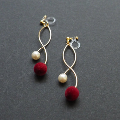 Burgundy velvet balls and white pearl invisible clip on earrings - miyabigracejewelry.com