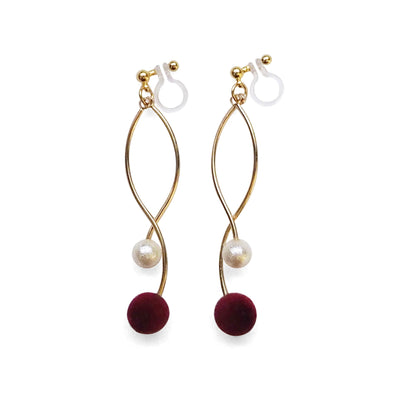 Burgundy velvet balls and white pearl invisible clip on earrings - miyabigracejewelry.com