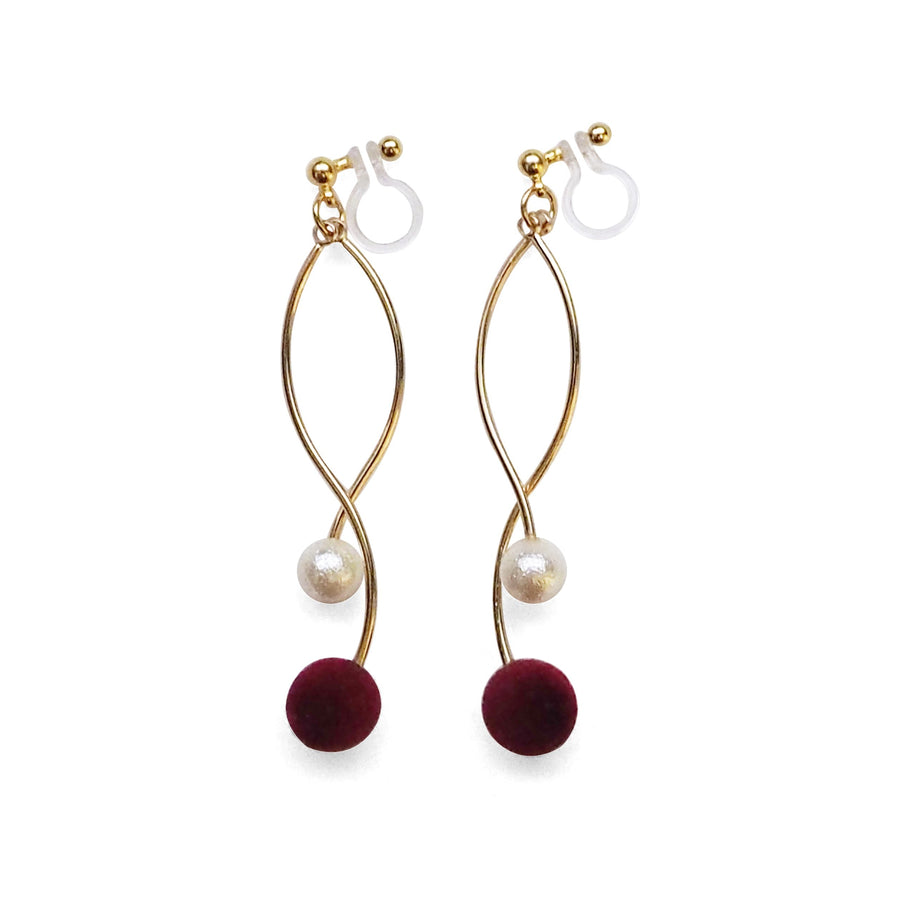 Burgundy velvet balls and white pearl invisible clip on earrings - miyabigracejewelry.com