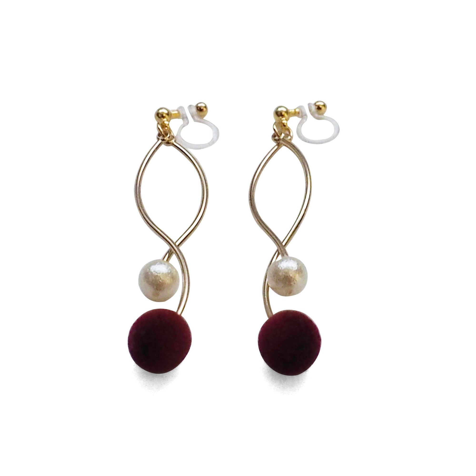 Burgundy velvet balls and white pearl invisible clip on earrings - miyabigracejewelry.com