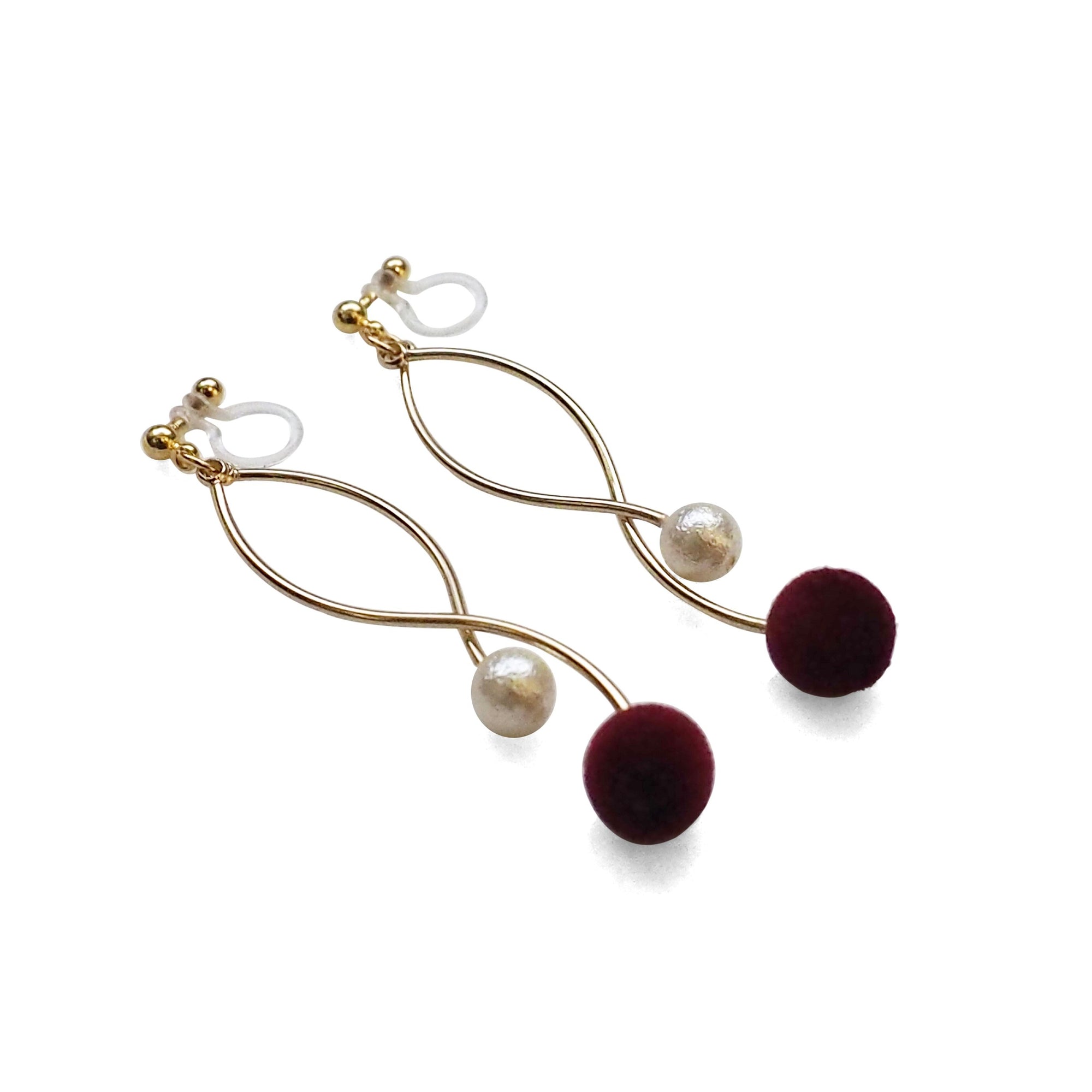 Burgundy velvet balls and white pearl invisible clip on earrings - miyabigracejewelry.com