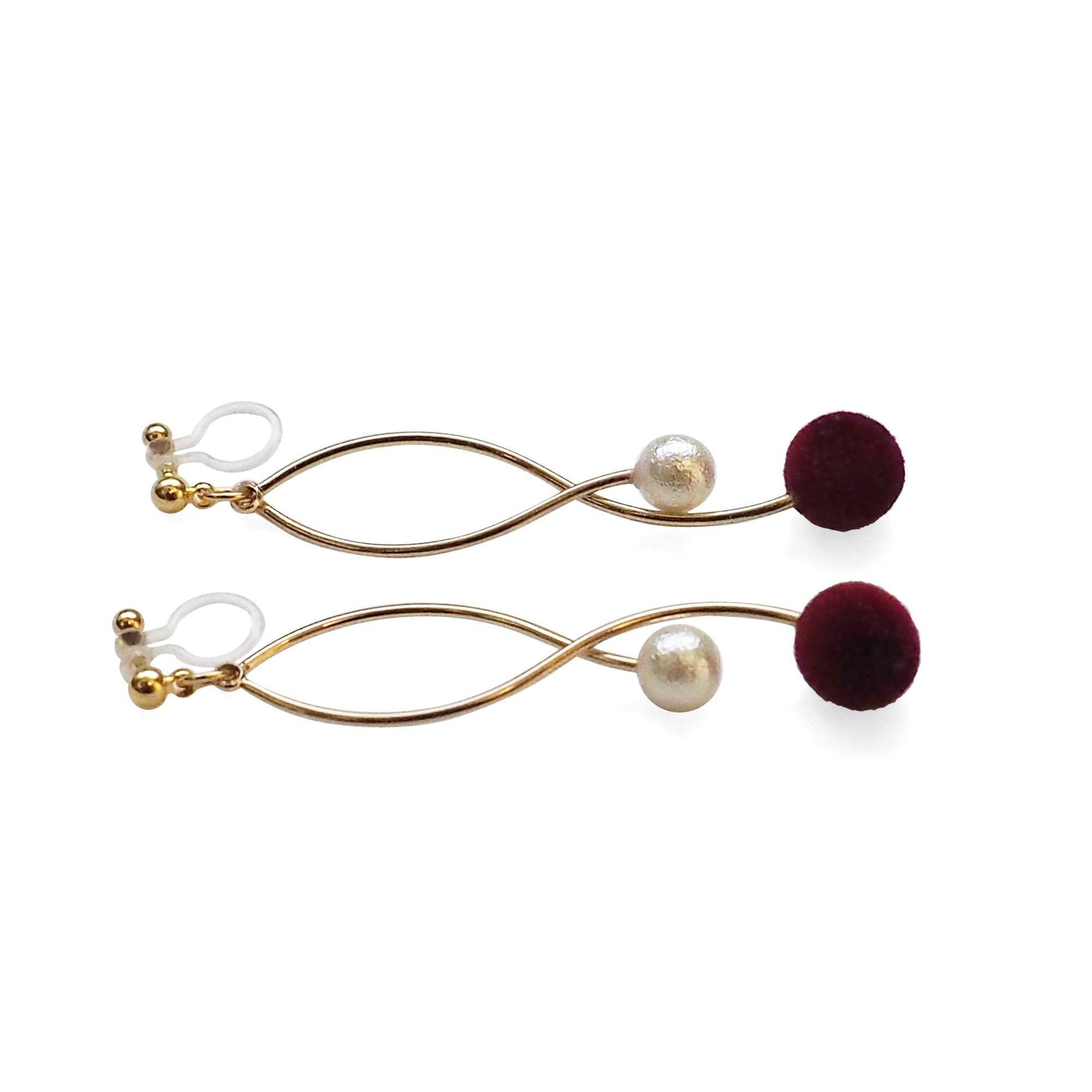 Burgundy velvet balls and white pearl invisible clip on earrings - miyabigracejewelry.com