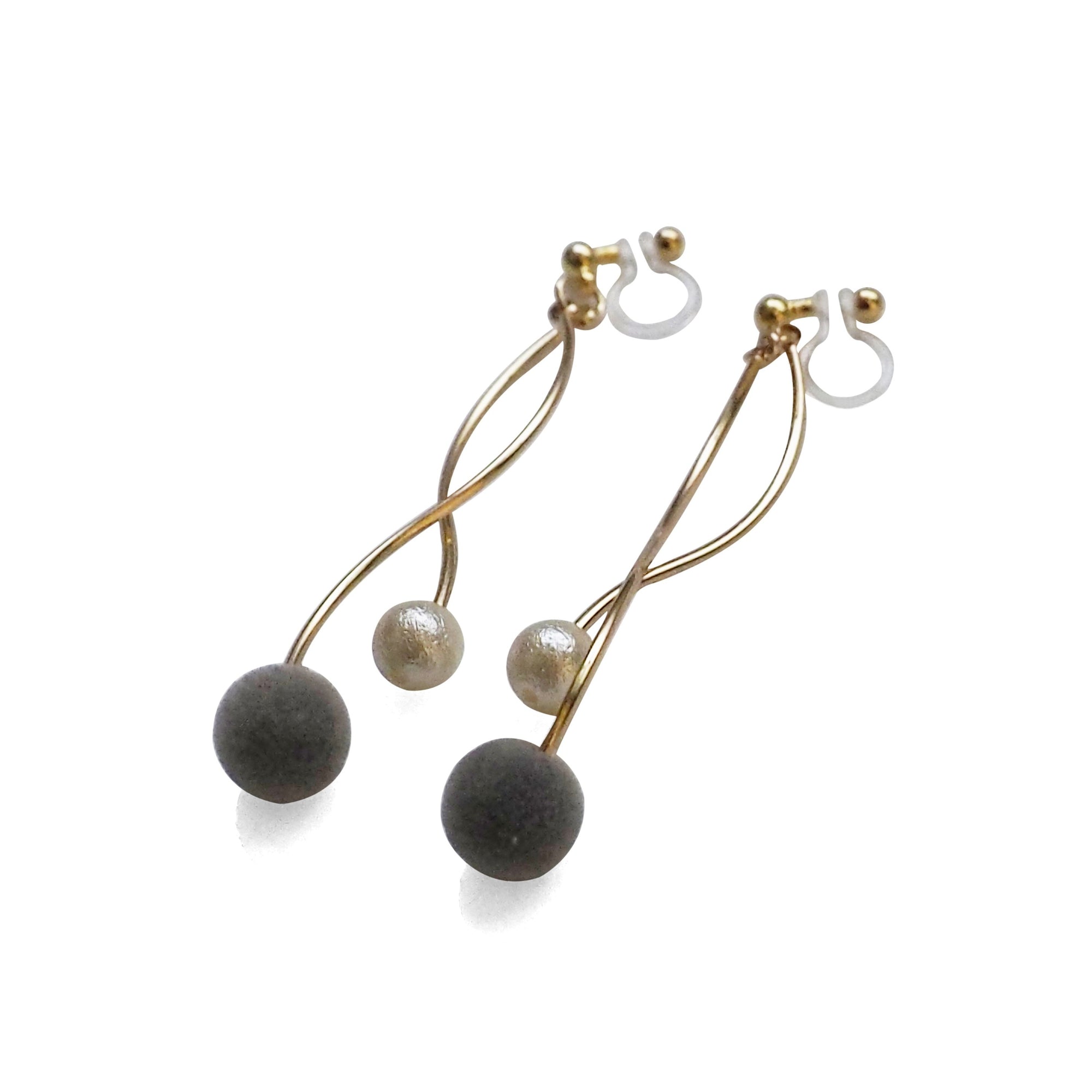 Gray velvet balls and white pearl invisible clip on earrings - miyabigracejewelry.com