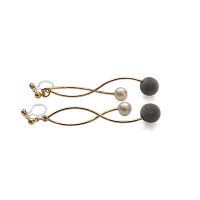 Gray velvet balls and white pearl invisible clip on earrings - miyabigracejewelry.com