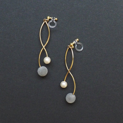 Gray velvet balls and white pearl invisible clip on earrings - miyabigracejewelry.com